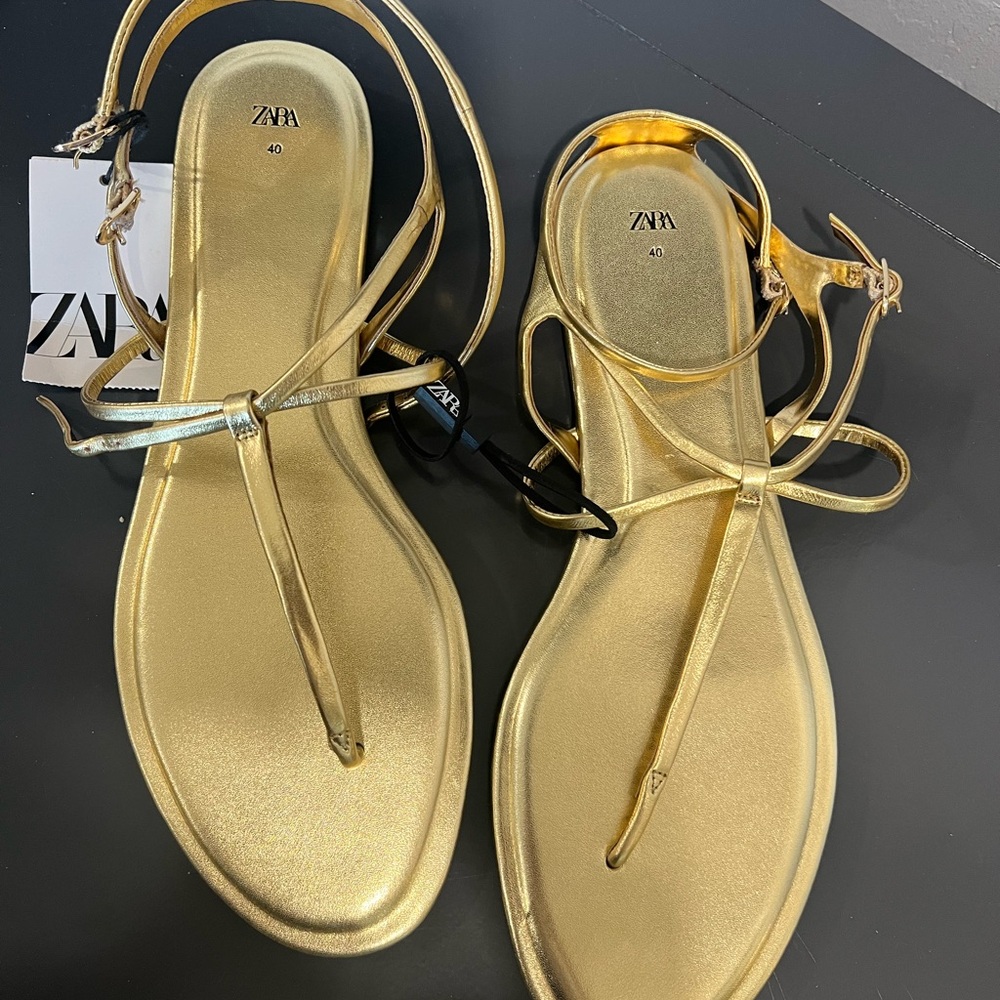 Zara Metallic Gold T-Strap Flat Sandals